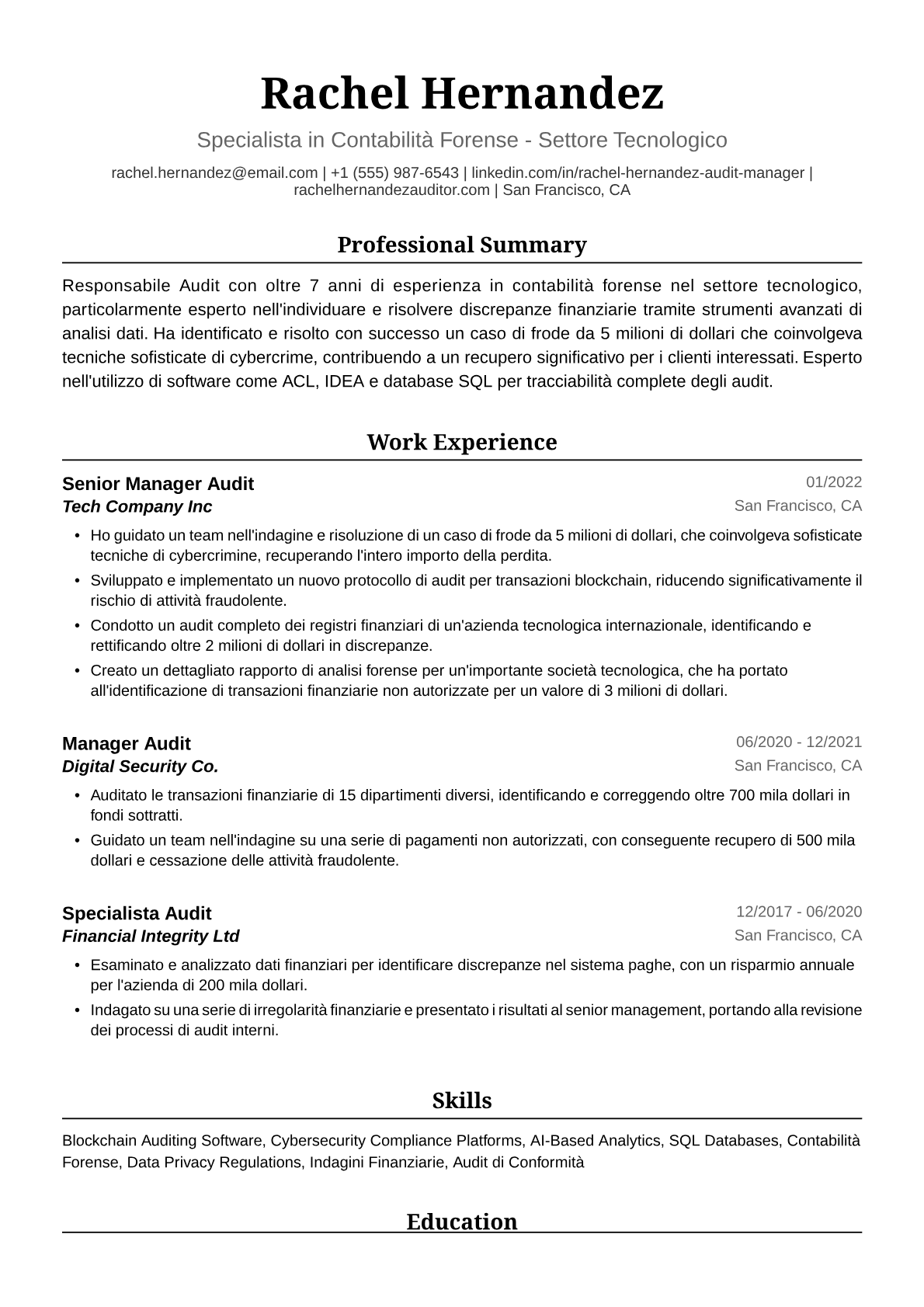 Esempio di Curriculum Vitae Responsabile Audit