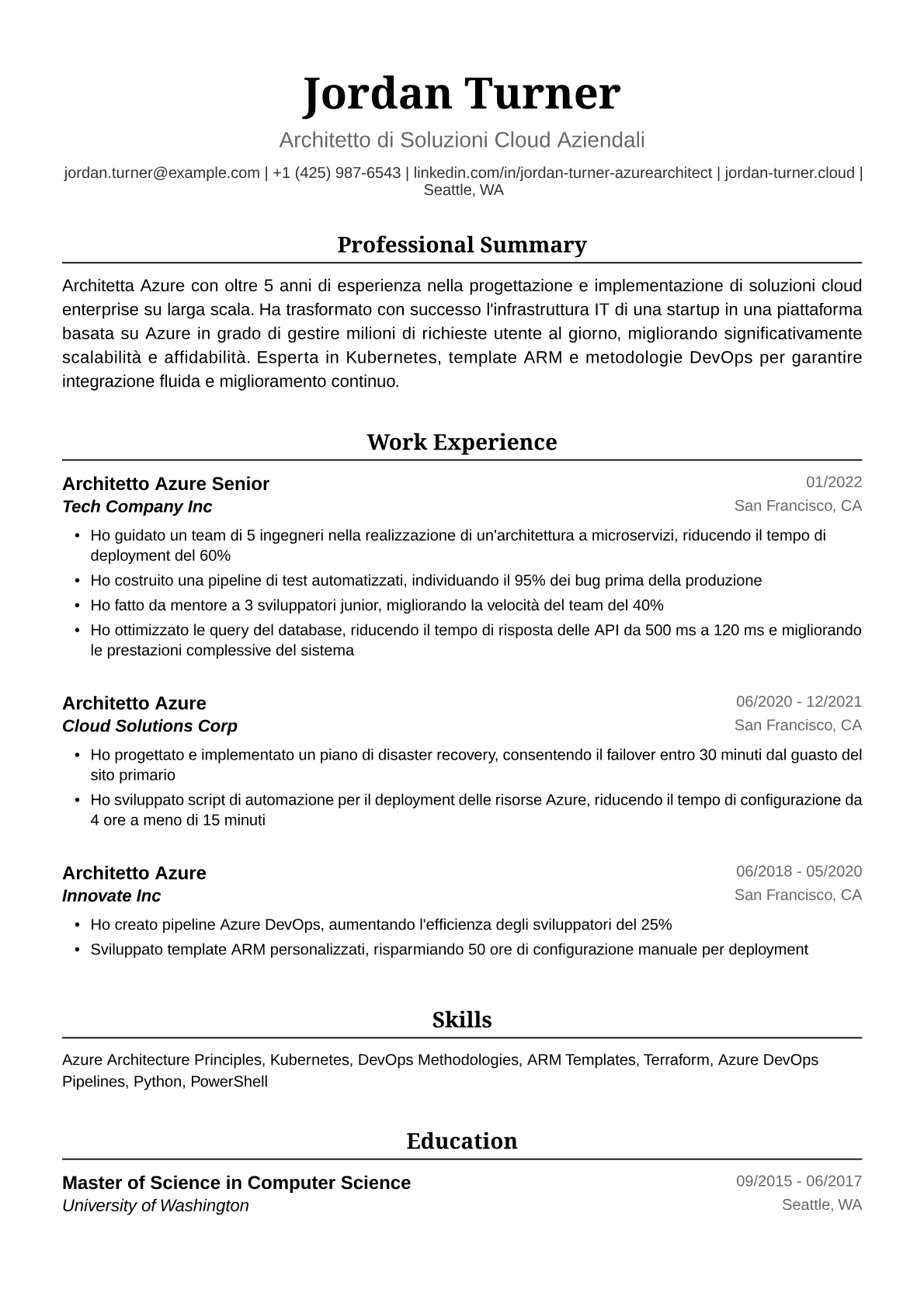 Esempio Curriculum Architetta Azure