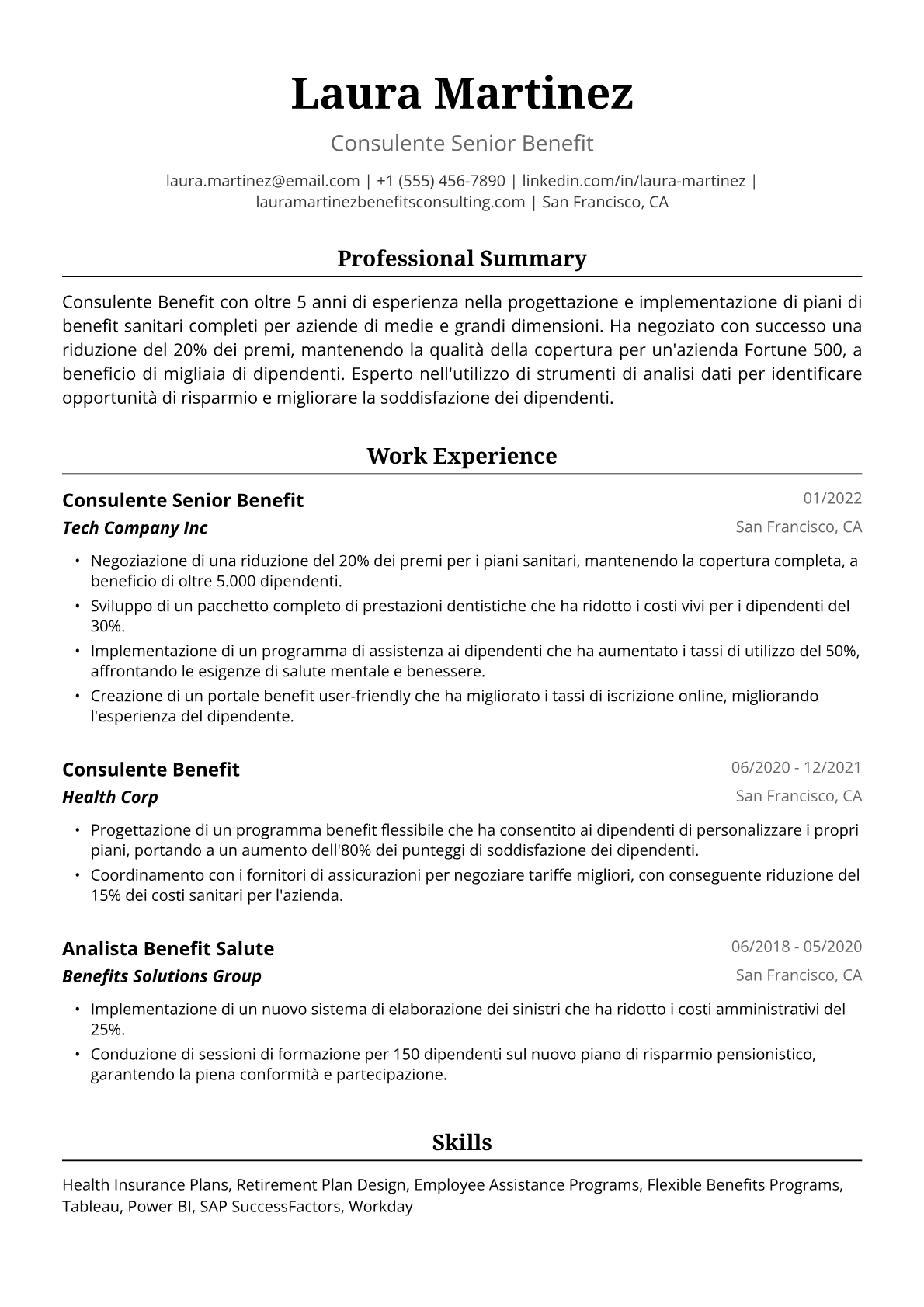 Esempio di Curriculum Vitae per Consulente Benefit