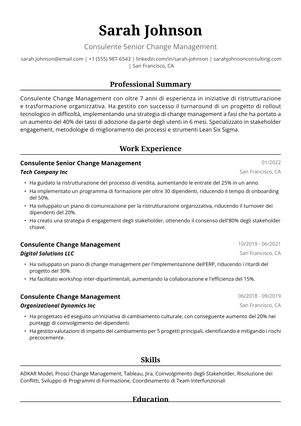 Esempio Curriculum Vitae Consulente Change Management