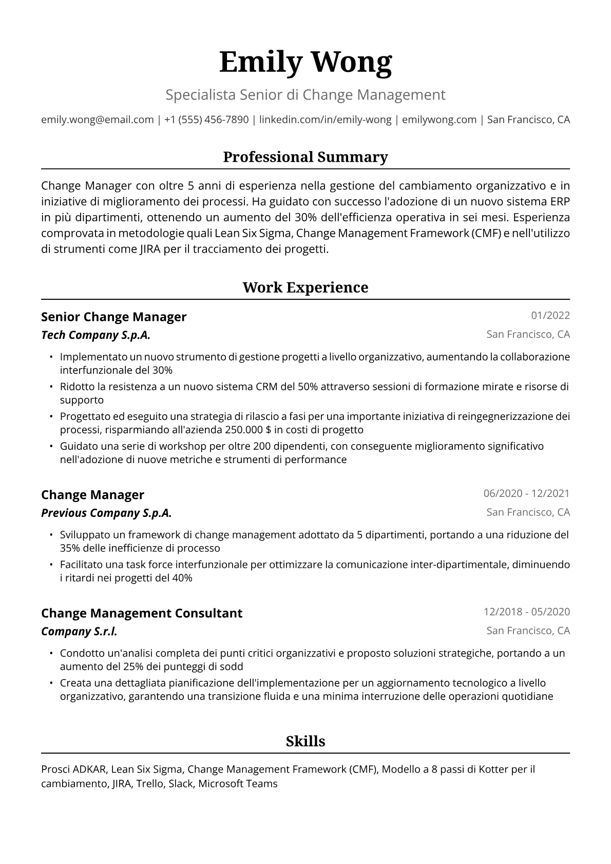 Esempio di Curriculum per Change Manager