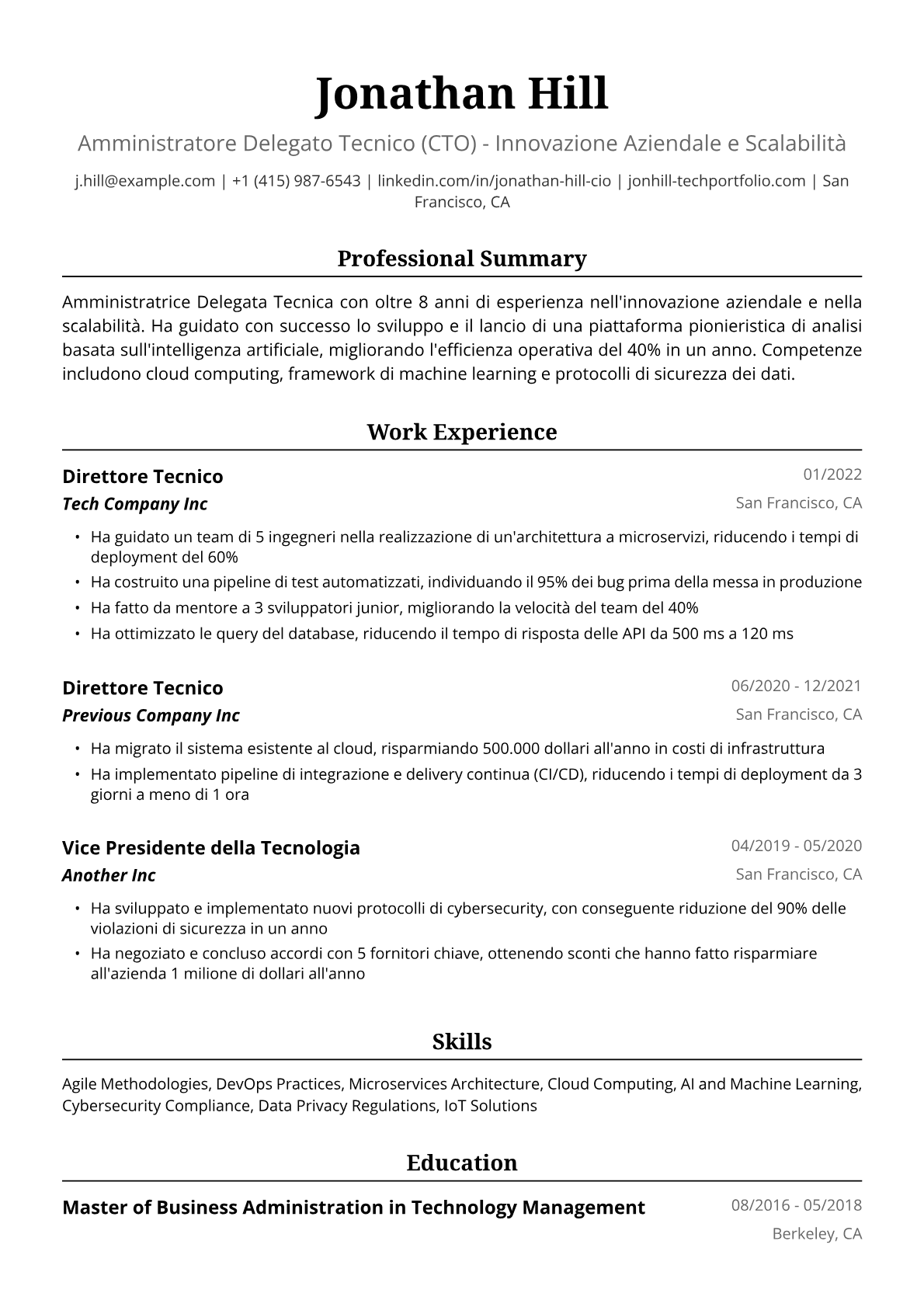 Esempio Curriculum Amministratrice Delegata Tecnica