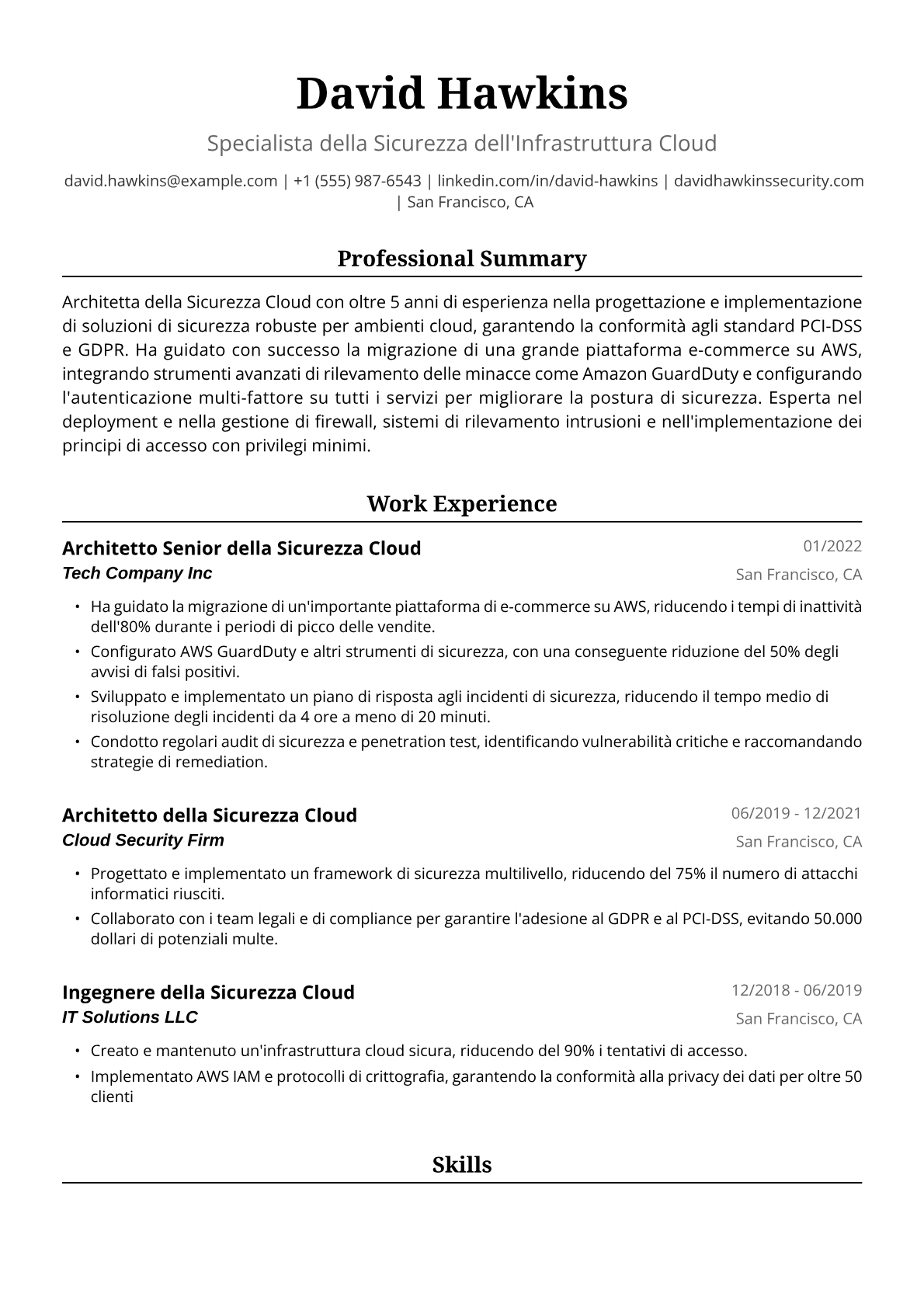 Esempio Curriculum Architetta della Sicurezza Cloud