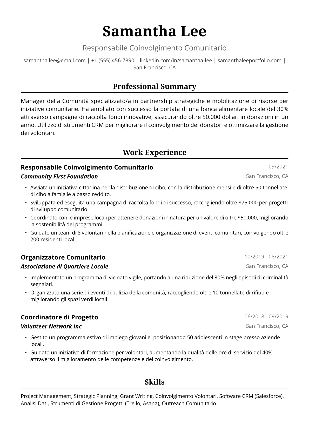 Esempio Curriculum Vitae Servizio Civile