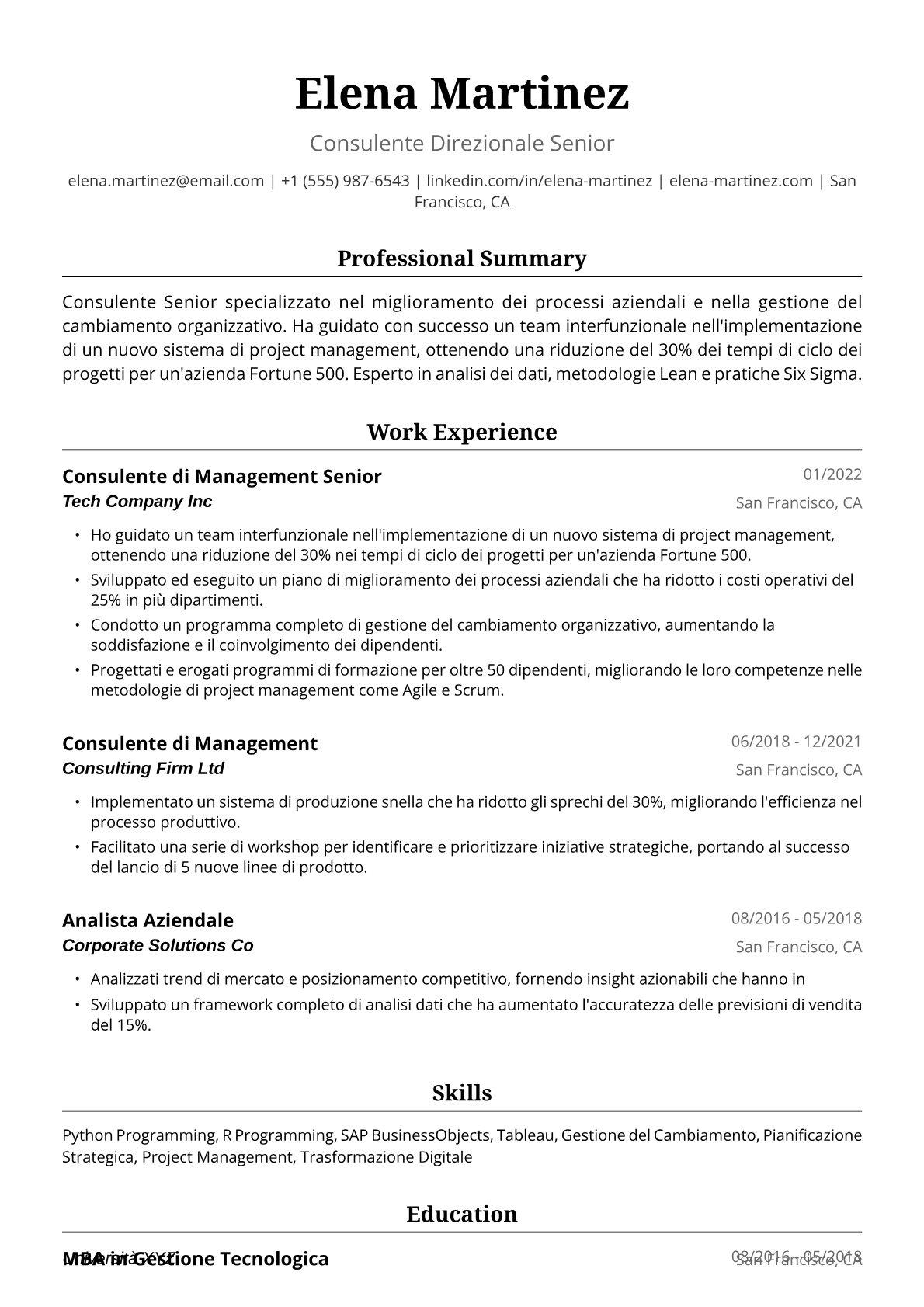 Esempio di Curriculum per Consulente