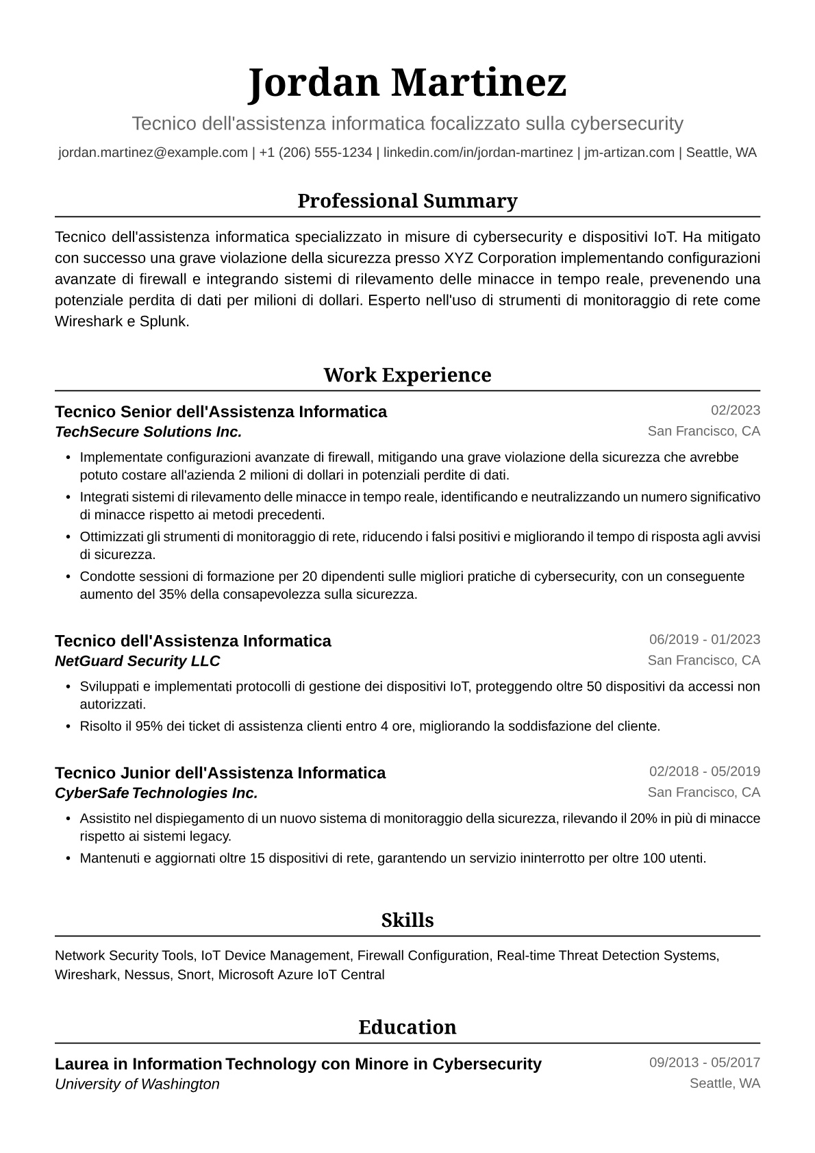 Esempio Curriculum Tecnico Assistenza Informatica