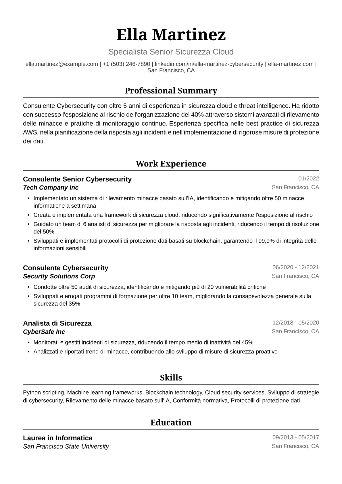 Esempio di Curriculum Vitae Consulente Cybersecurity