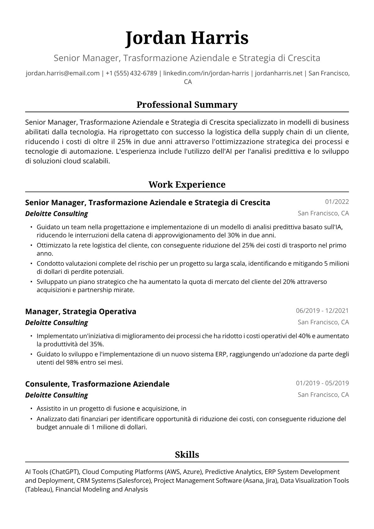Esempio di Curriculum Vitae per Consulente Deloitte