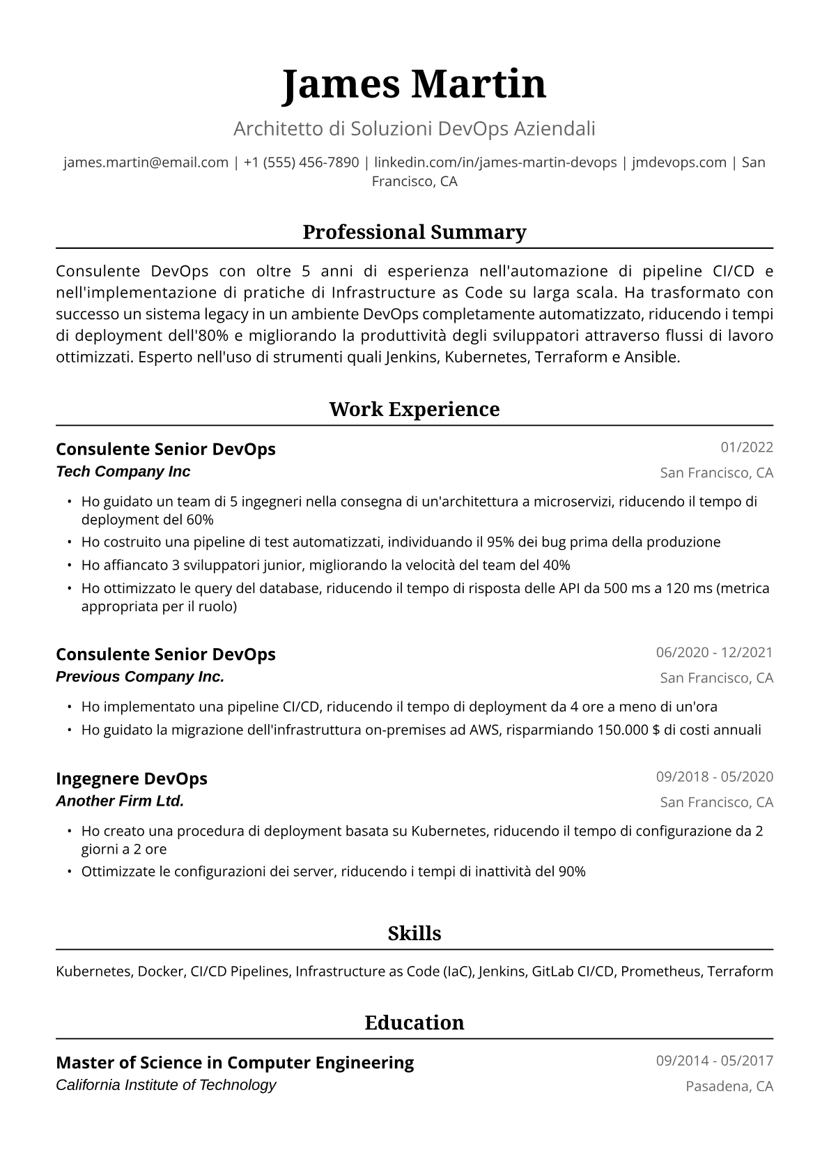 Esempio di Curriculum Vitae Consulente DevOps