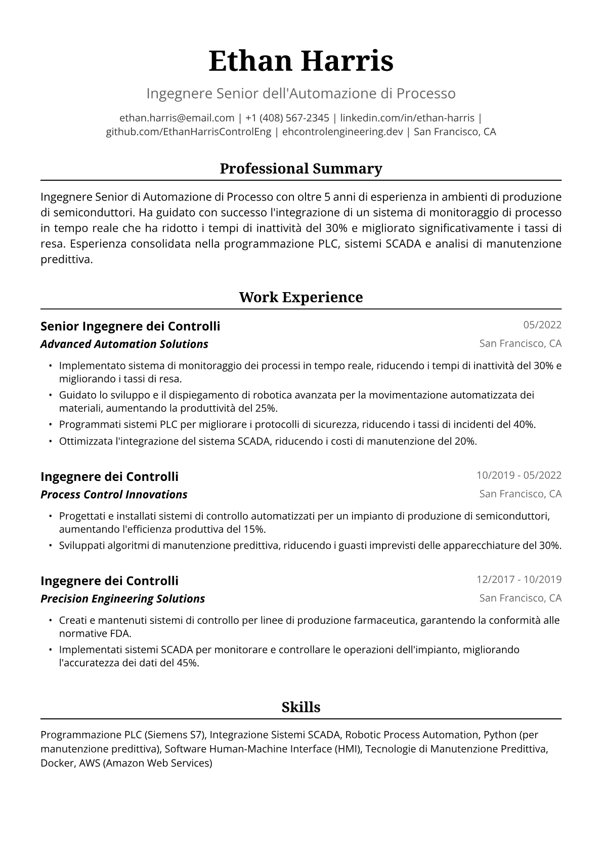 Esempio di Curriculum Ingegnere dei Controlli
