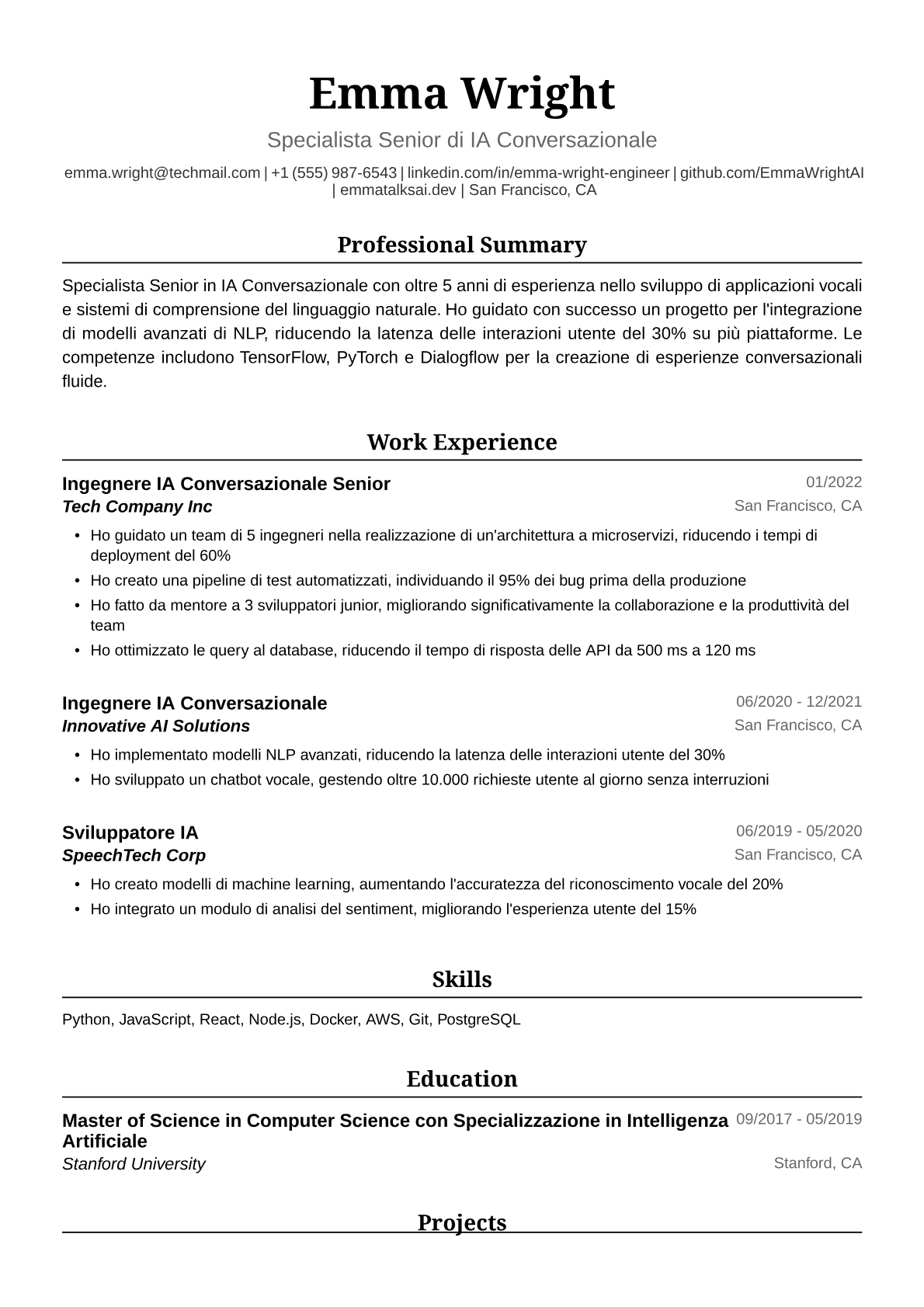 Esempio di Curriculum Vitae Ingegnere IA Conversazionale