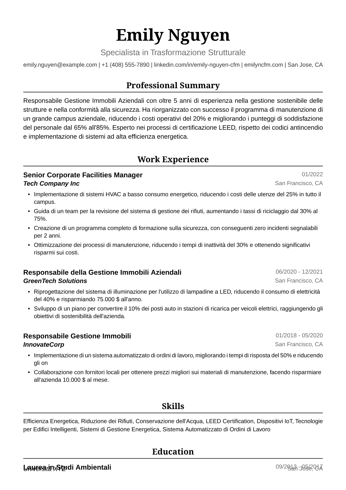 Esempio di Curriculum per Responsabile Gestione Immobili Aziendali