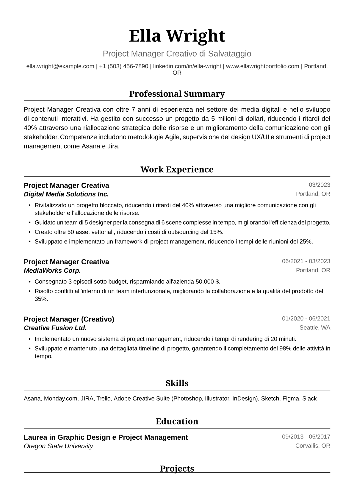 Esempio di Curriculum Vitae Project Manager Creativa