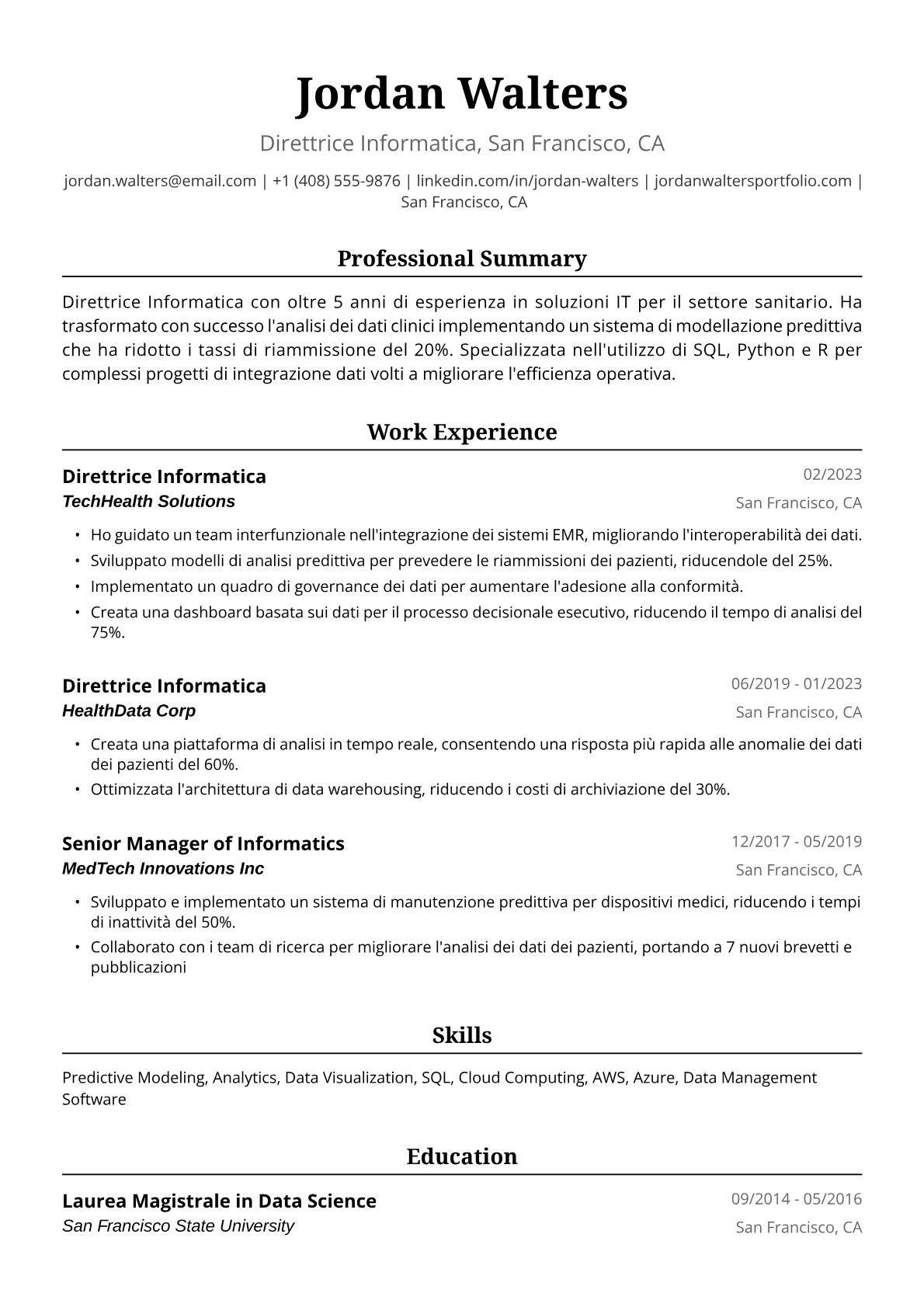 Esempio Curriculum Vitae Direttrice Informatica