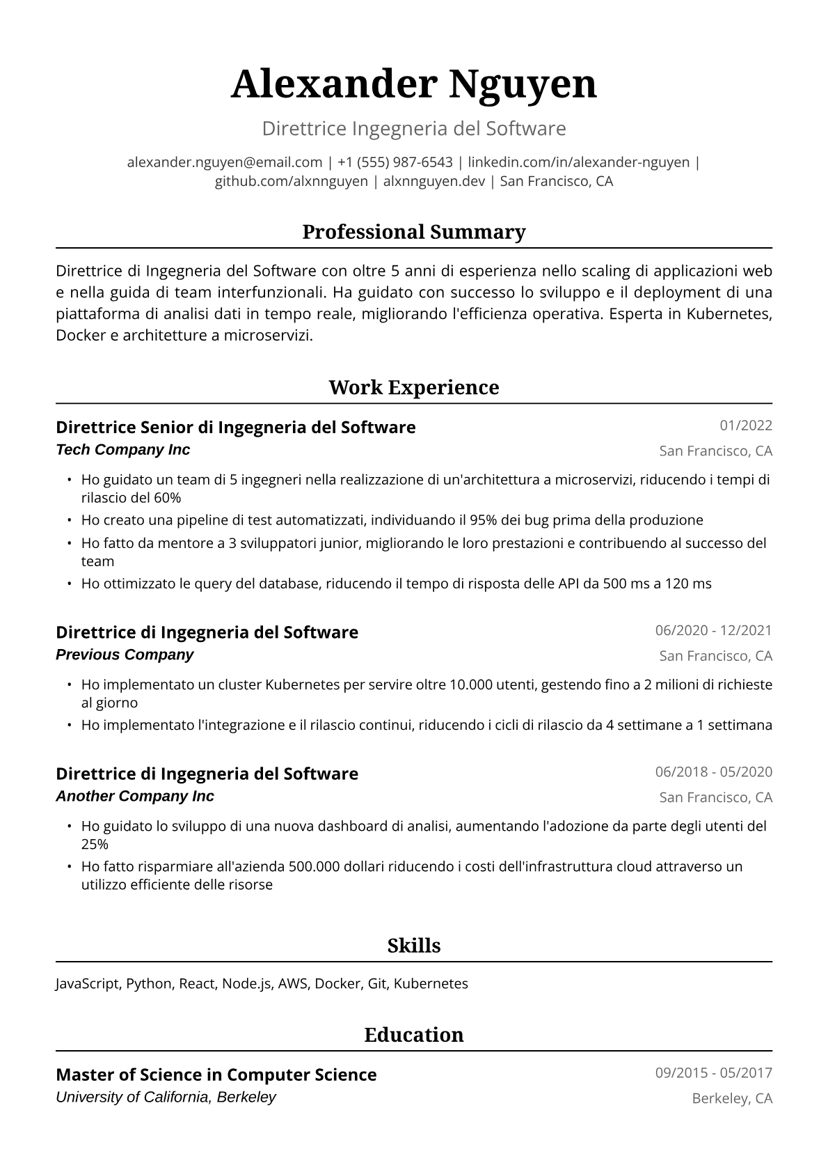 Esempio Curriculum Direttrice Ingegneria del Software
