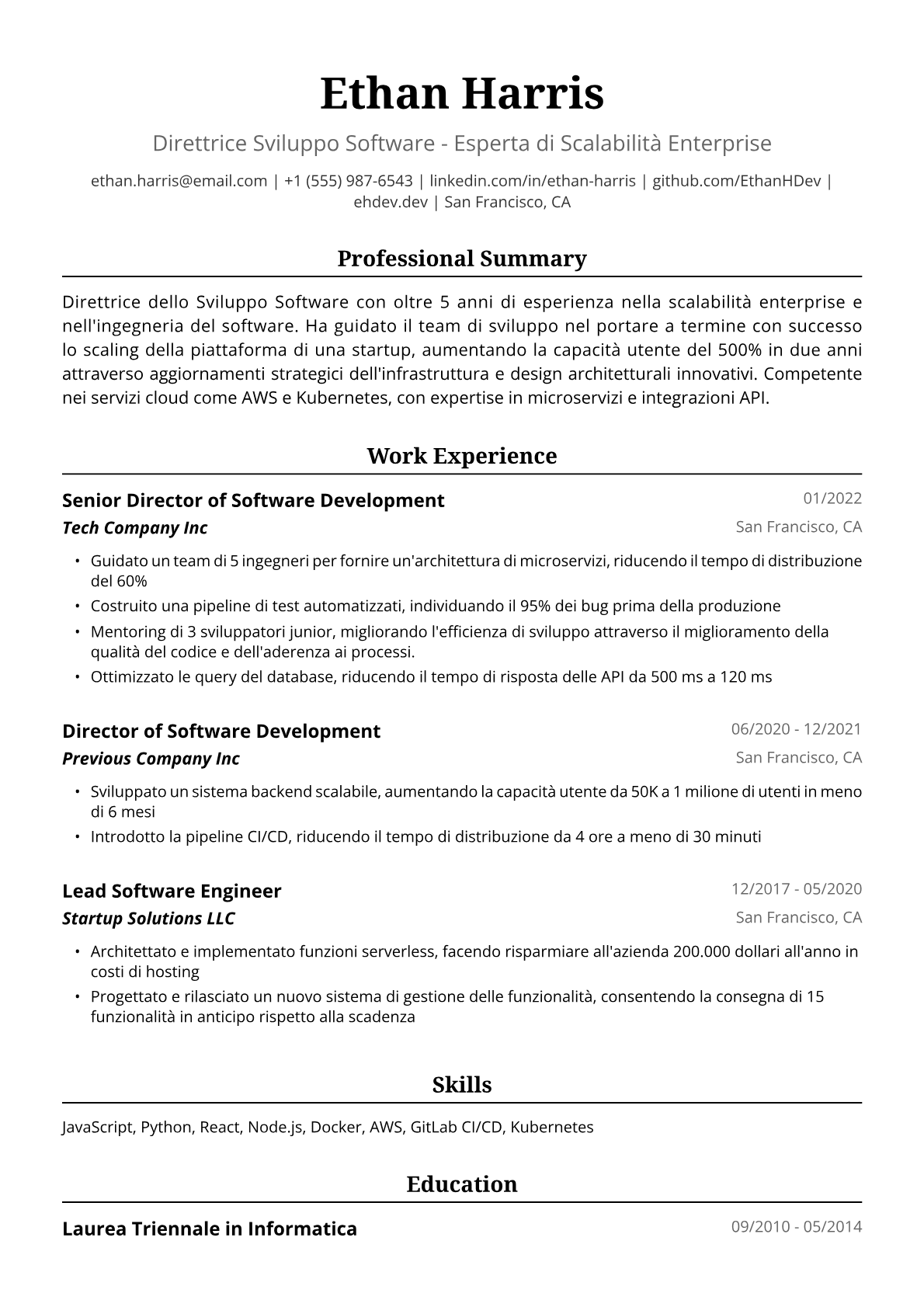 Esempio di Curriculum Vitae per Direttrice Sviluppo Software