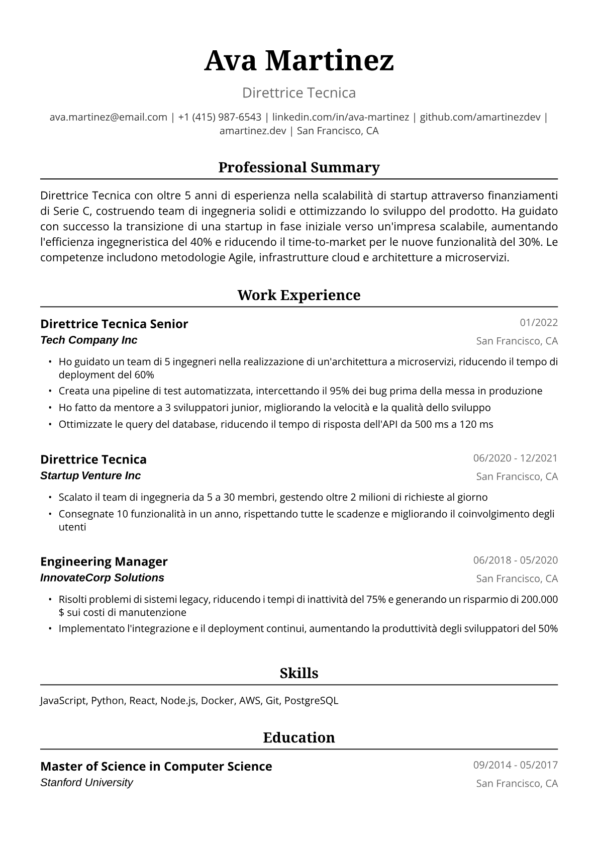 Esempio di Curriculum Vitae per Direttrice Tecnica