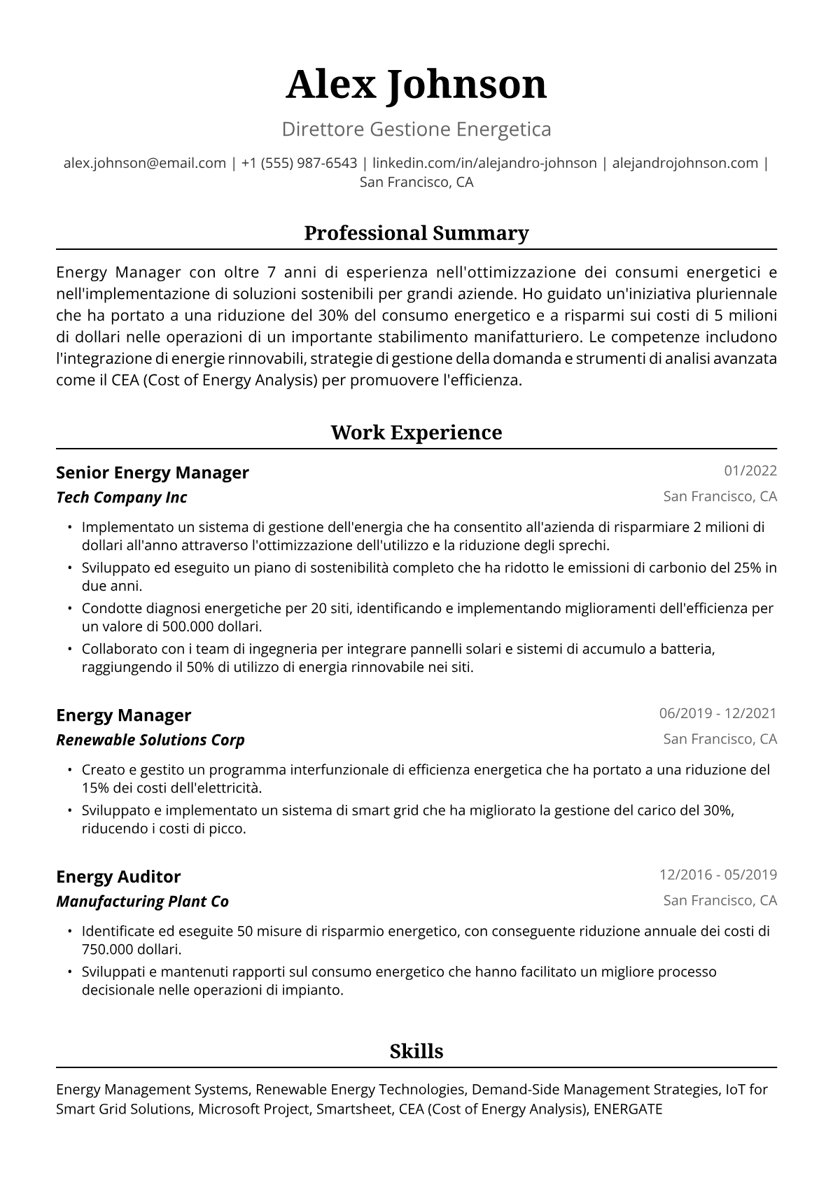 Esempio di Curriculum per Energy Manager