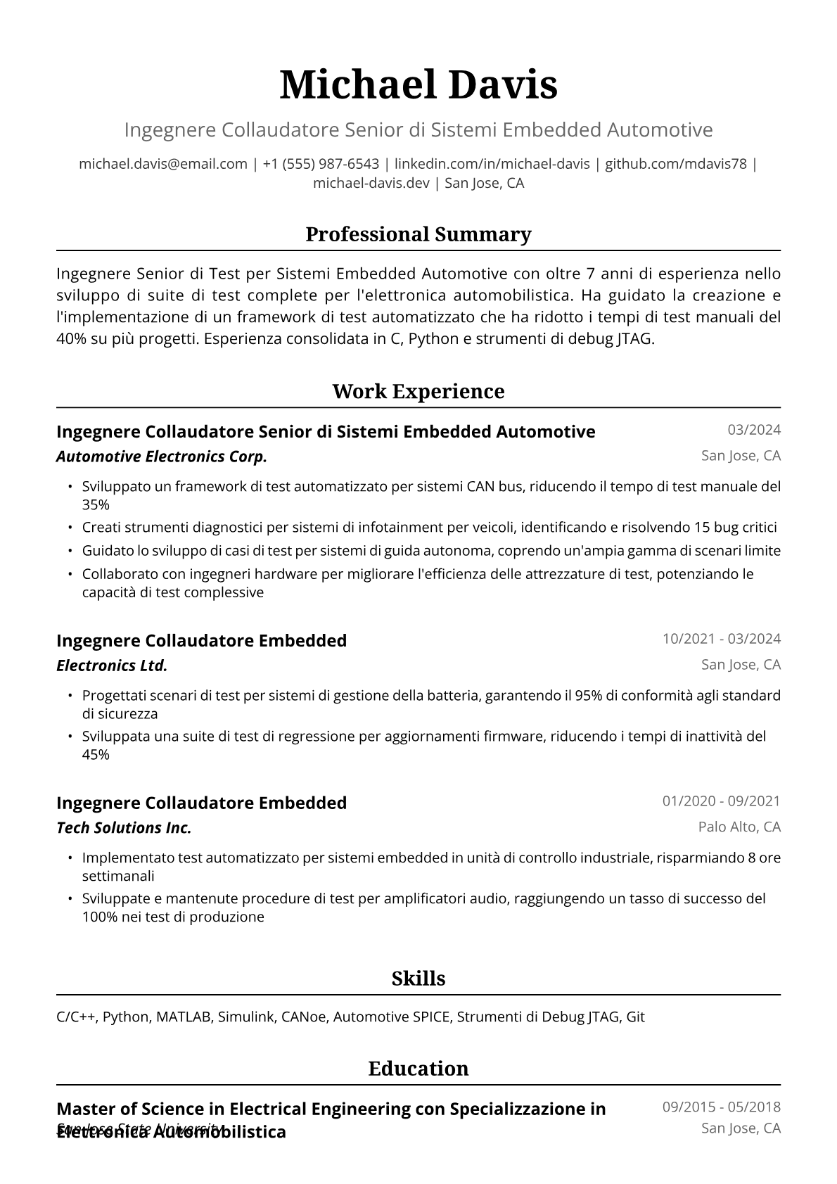 Esempio Curriculum Ingegnere Collaudatore Embedded
