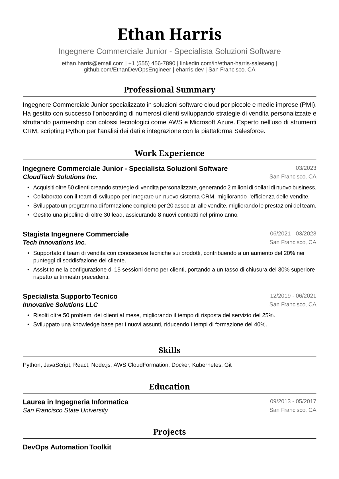 Esempio di Curriculum Vitae Ingegnere Commerciale Junior
