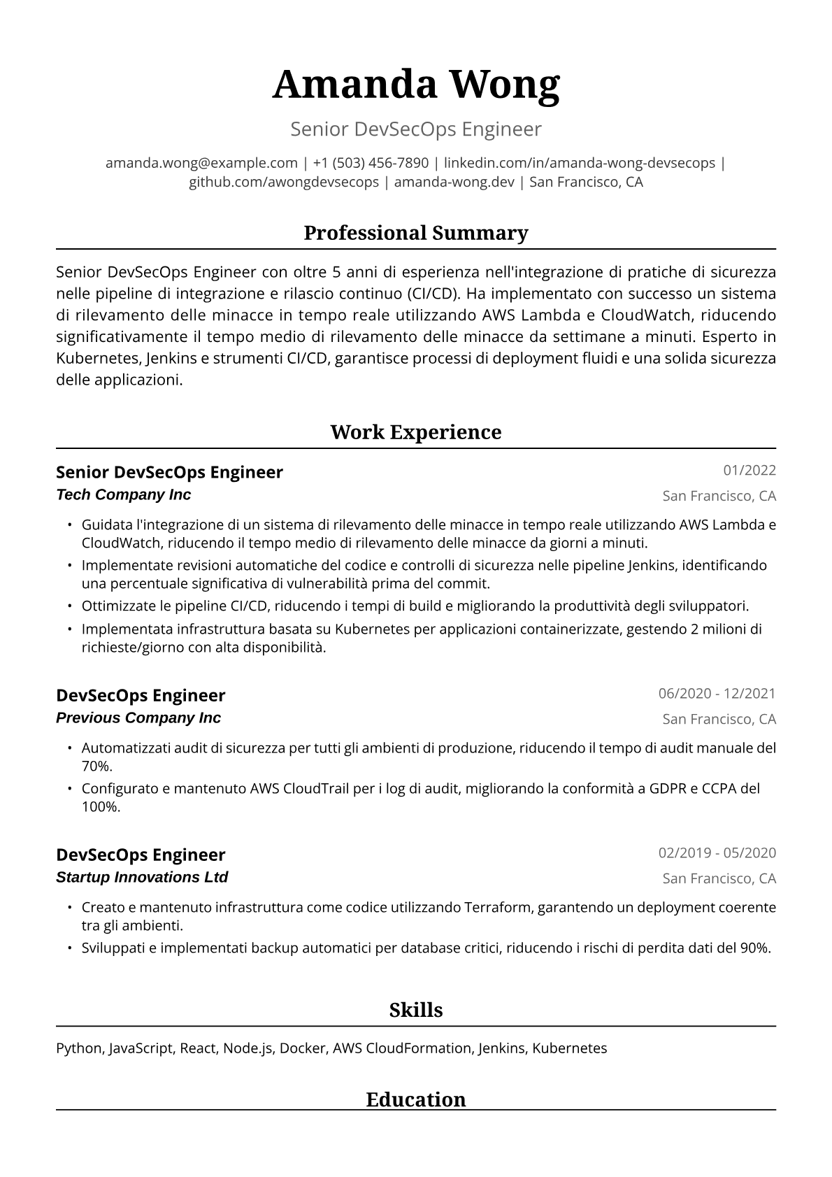 Esempio di Curriculum Vitae Ingegnere DevSecOps