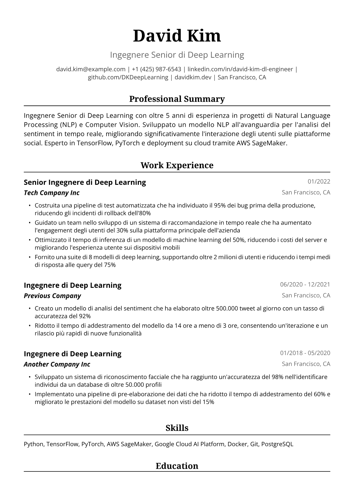 Esempio di Curriculum per Ingegnere di Deep Learning