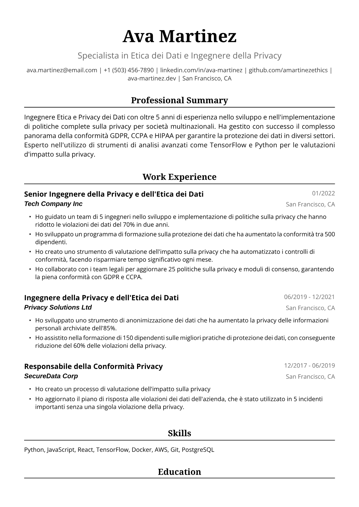Esempio di Curriculum Ingegnere Etica e Privacy dei Dati