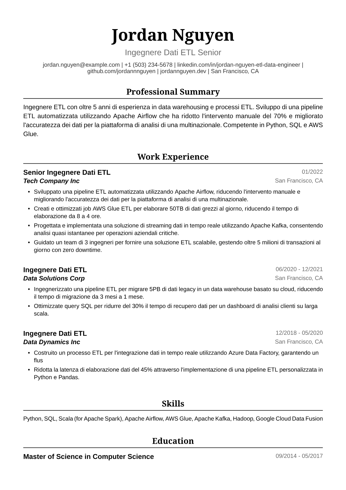 Esempio Curriculum Ingegnere ETL