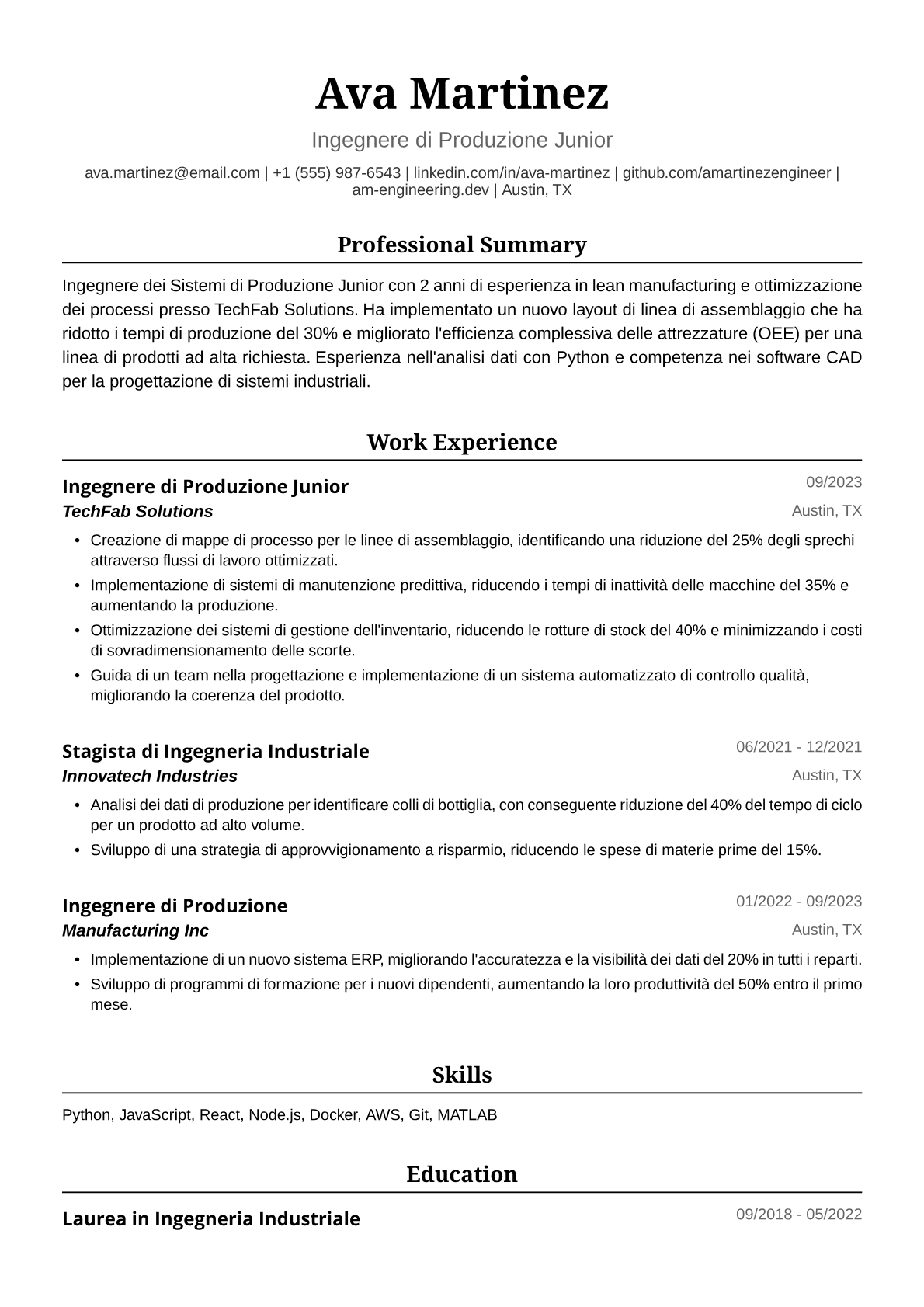 Esempio di Curriculum Ingegnere Industriale Neolaureata