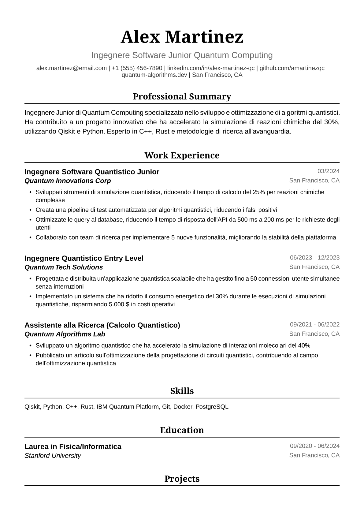Esempio di Curriculum Vitae per Ingegnere Junior