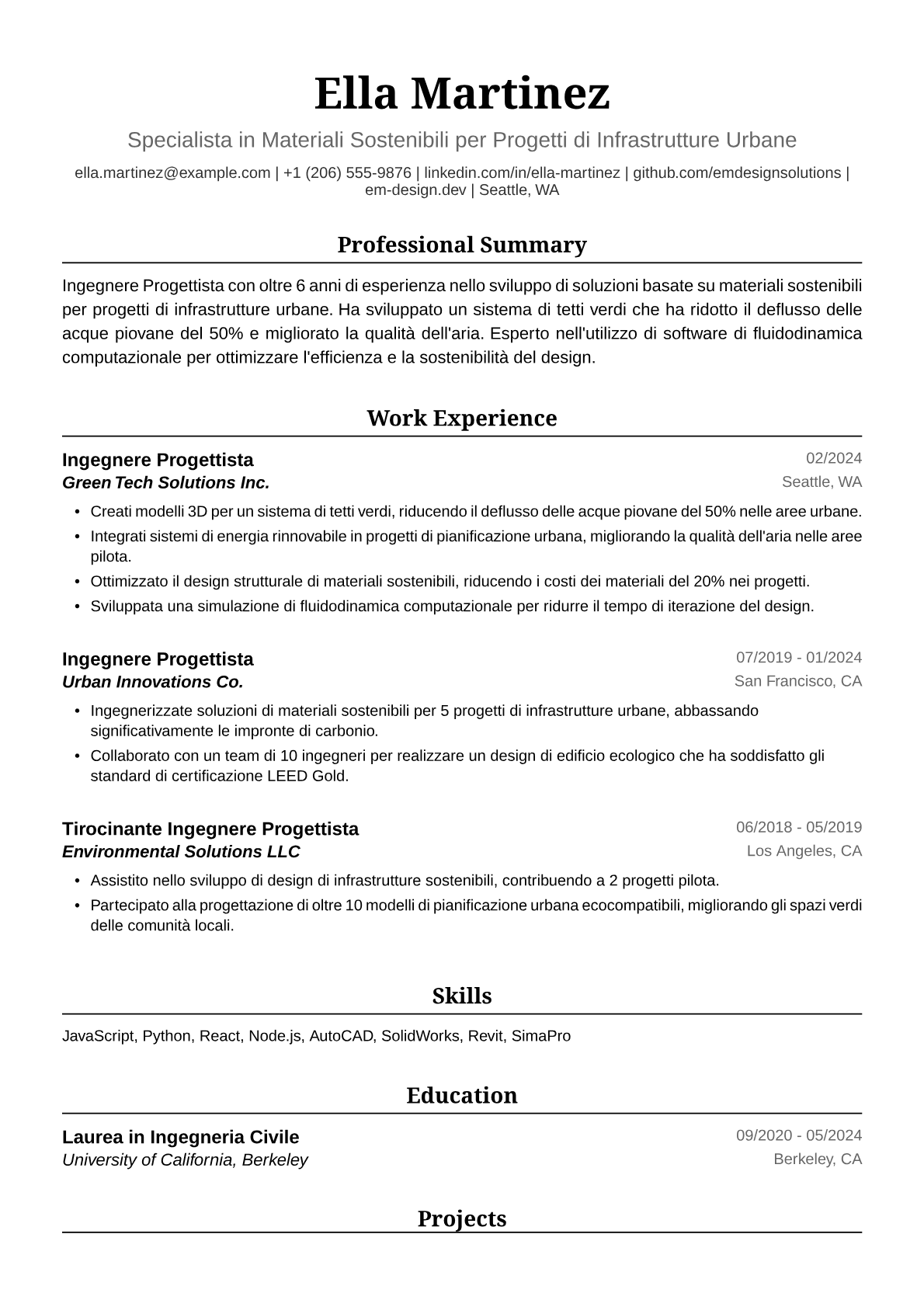 Esempio di Curriculum Vitae Ingegnere Progettista