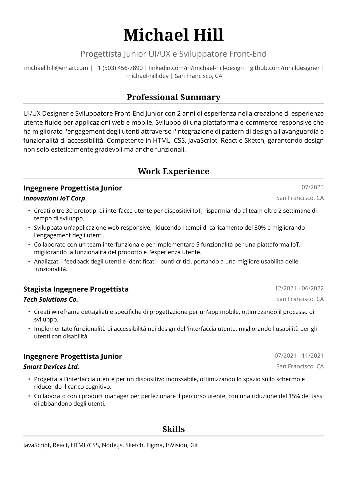 Esempio di Curriculum Vitae per Ingegnere Progettista Junior