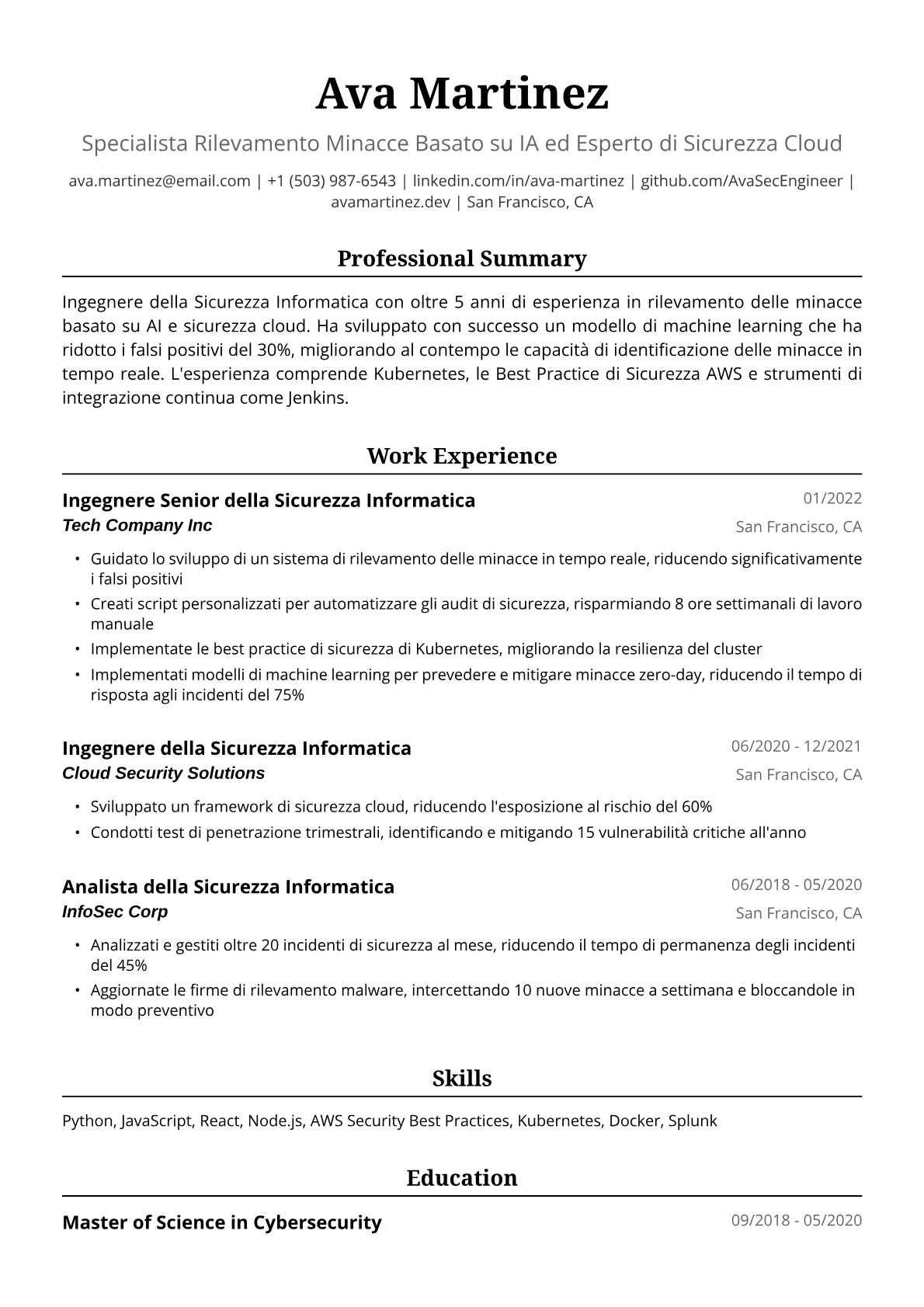 Esempio di Curriculum Ingegnere della Sicurezza Informatica