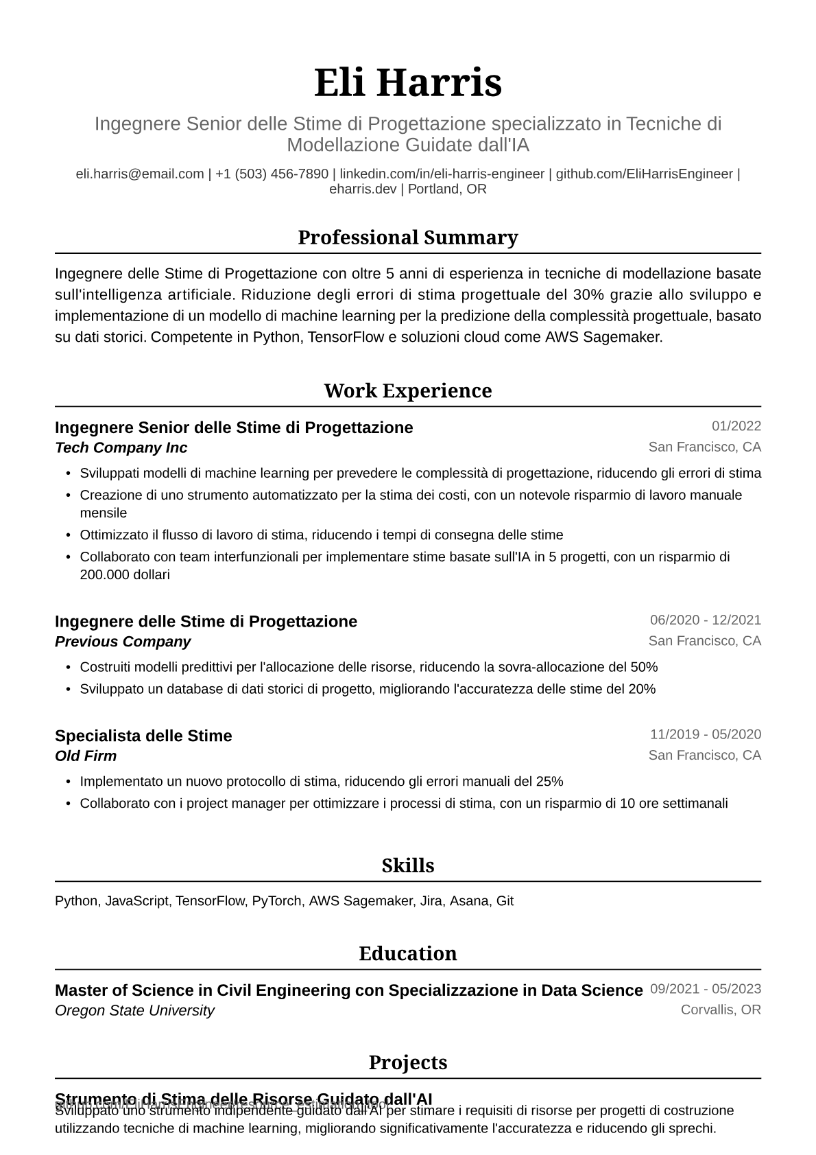 Esempio di Curriculum Vitae Ingegnere Stime di Progettazione