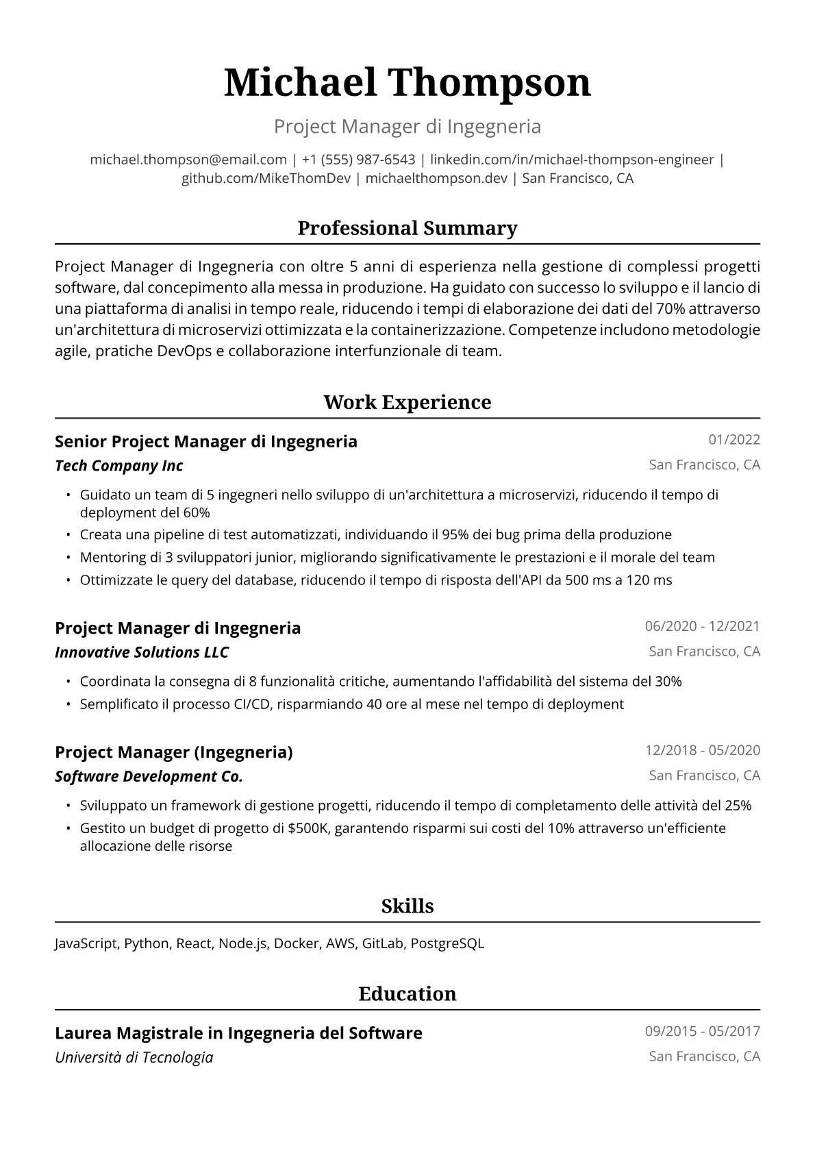 Esempio di Curriculum per Manager di Progetto di Ingegneria