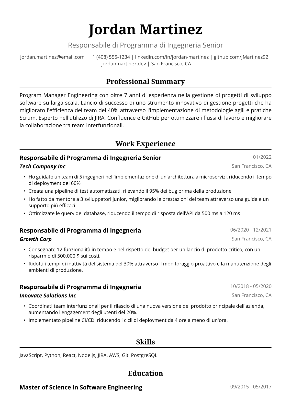 Esempio di Curriculum per Program Manager di Ingegneria