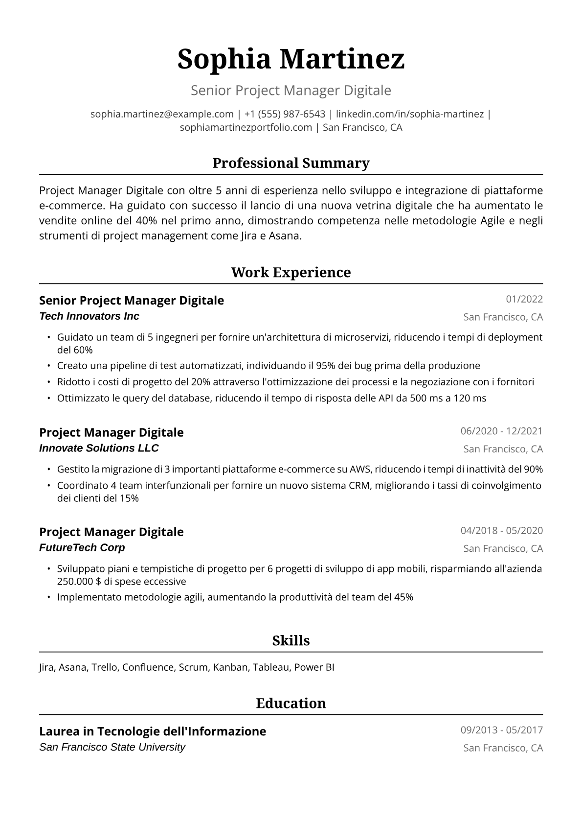 Esempio di Curriculum Vitae Project Manager Digitale