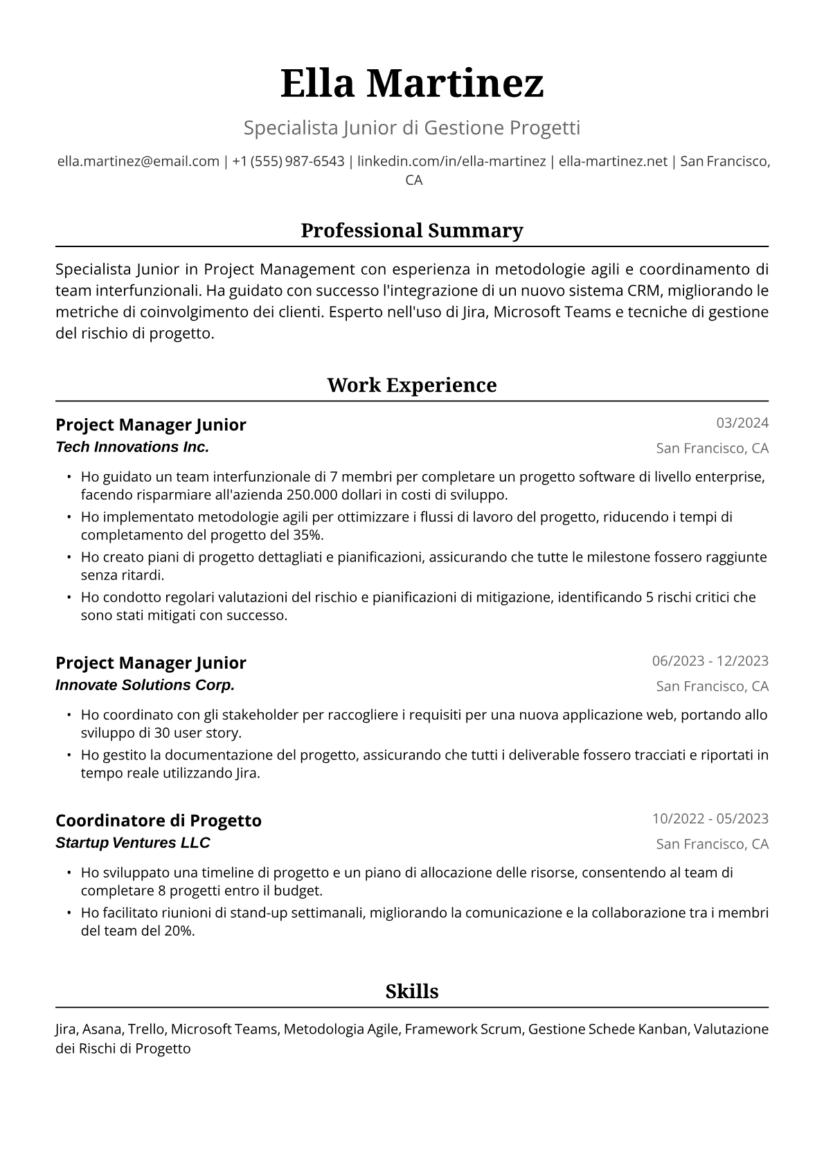 Esempio di Curriculum Vitae per Project Manager Junior