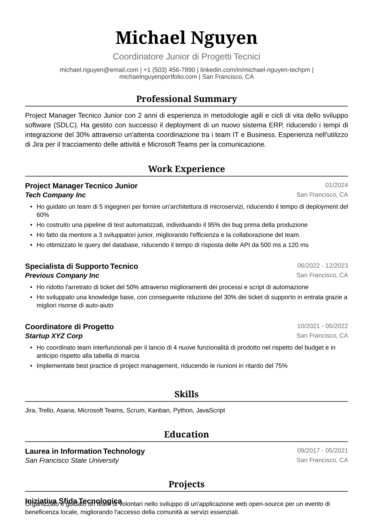 Esempio Curriculum Vitae Project Manager Tecnico Junior