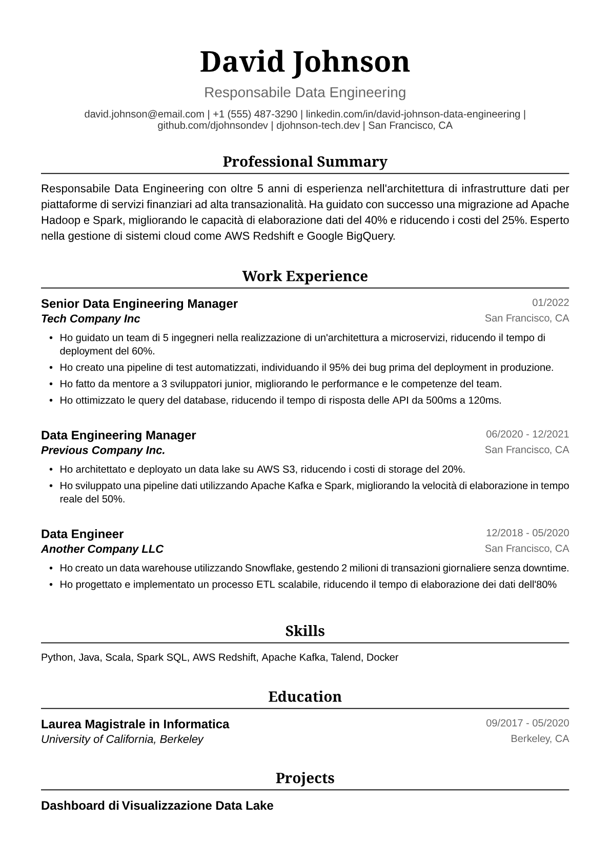 Esempio di Curriculum per Responsabile Data Engineering