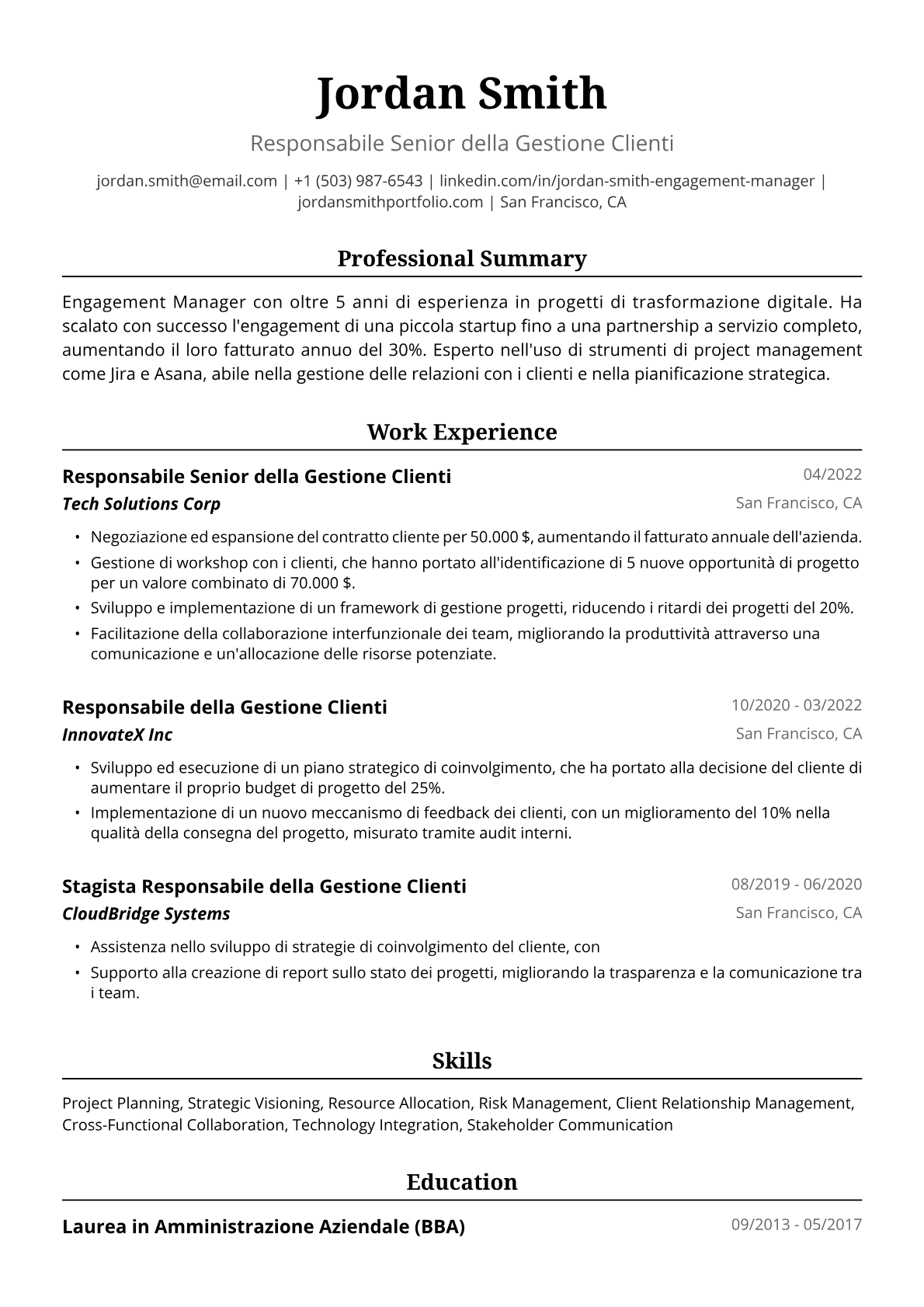 Esempio di Curriculum Vitae per Responsabile della Gestione Clienti