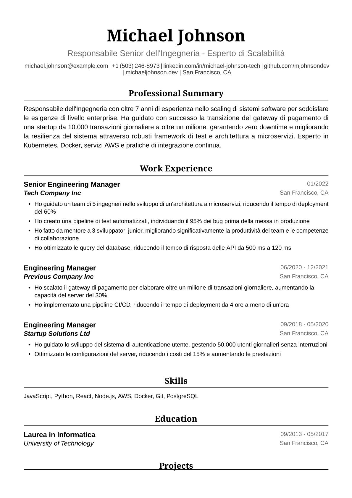 Esempio di Curriculum Vitae per Responsabile dell'Ingegneria