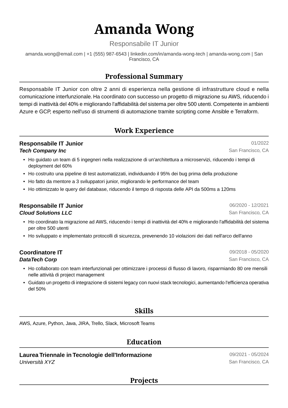 Esempio di Curriculum Vitae per Responsabile IT Junior