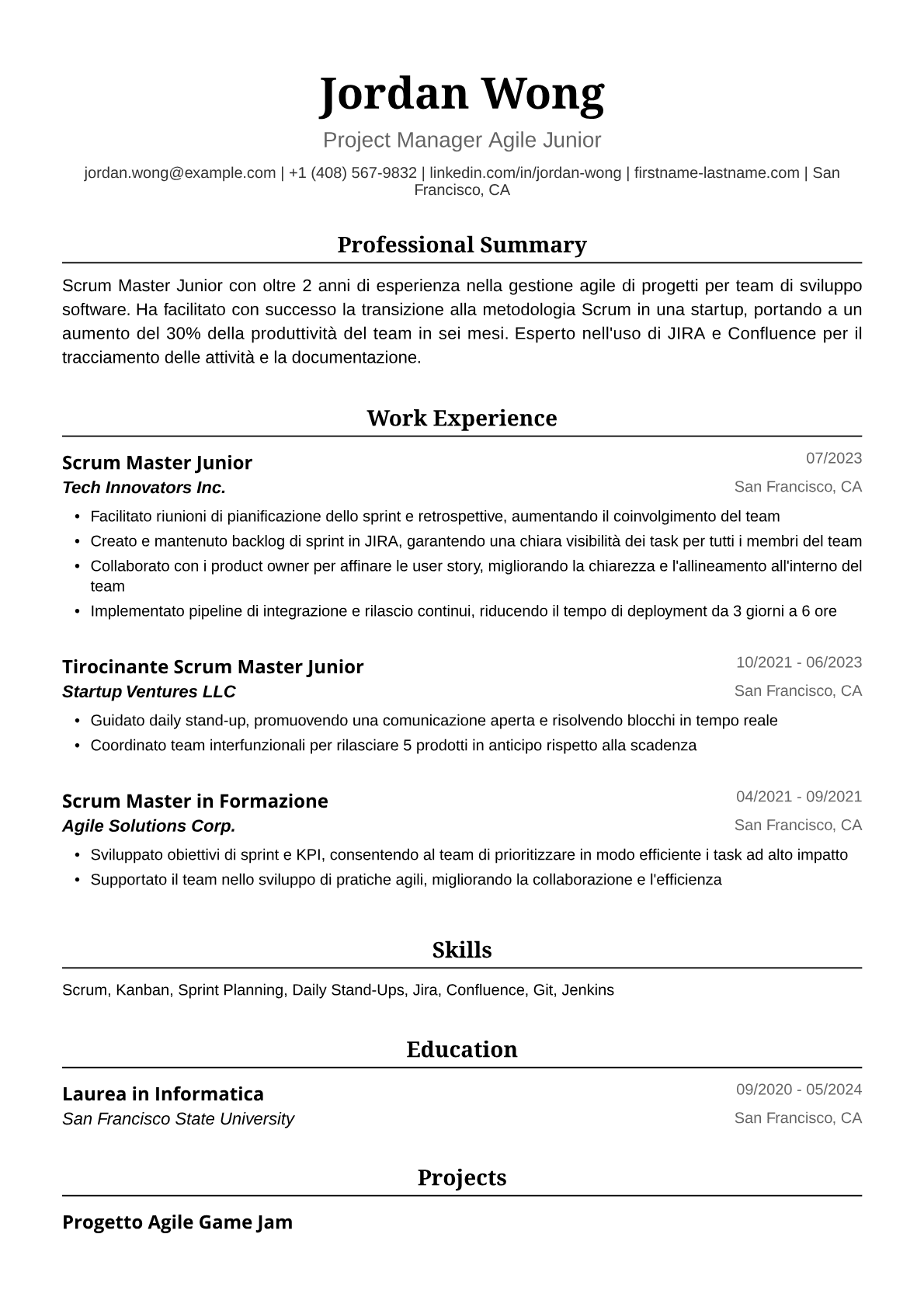 Esempio Curriculum Vitae Scrum Master Junior