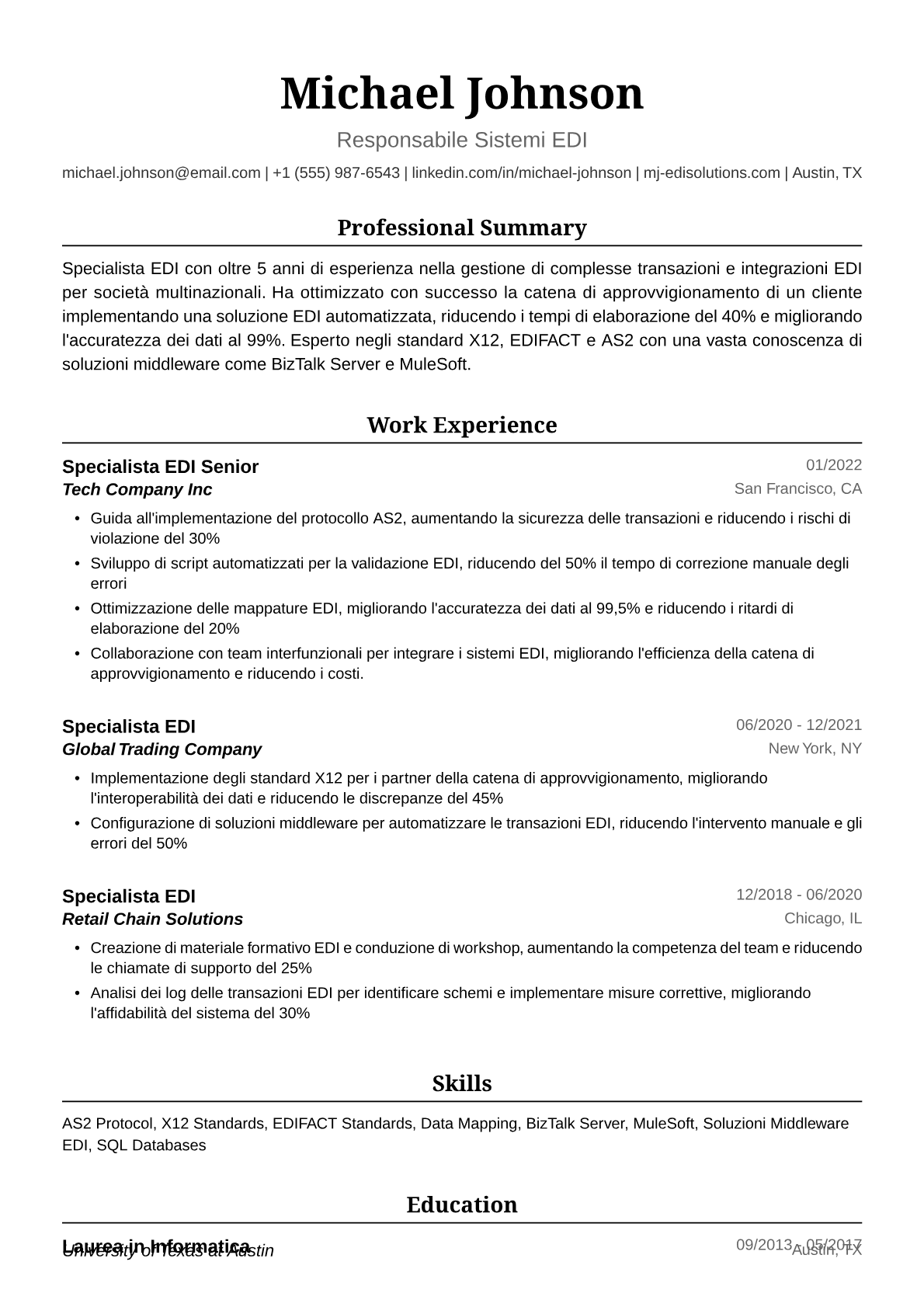 Esempio di Curriculum Vitae Specialista EDI