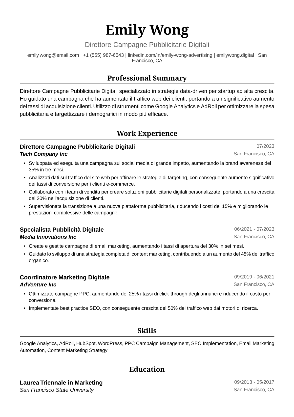 Esempio Curriculum Vitae Specialista Pubblicità Digitale