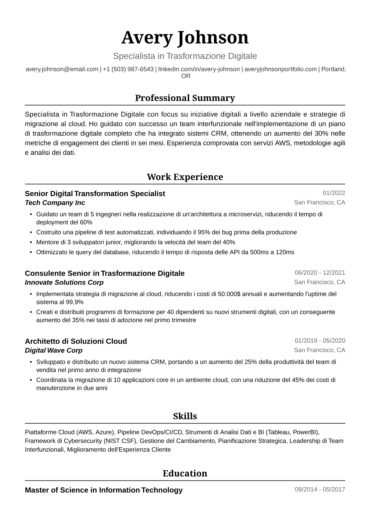 Esempio di Curriculum Vitae per Specialista in Trasformazione Digitale