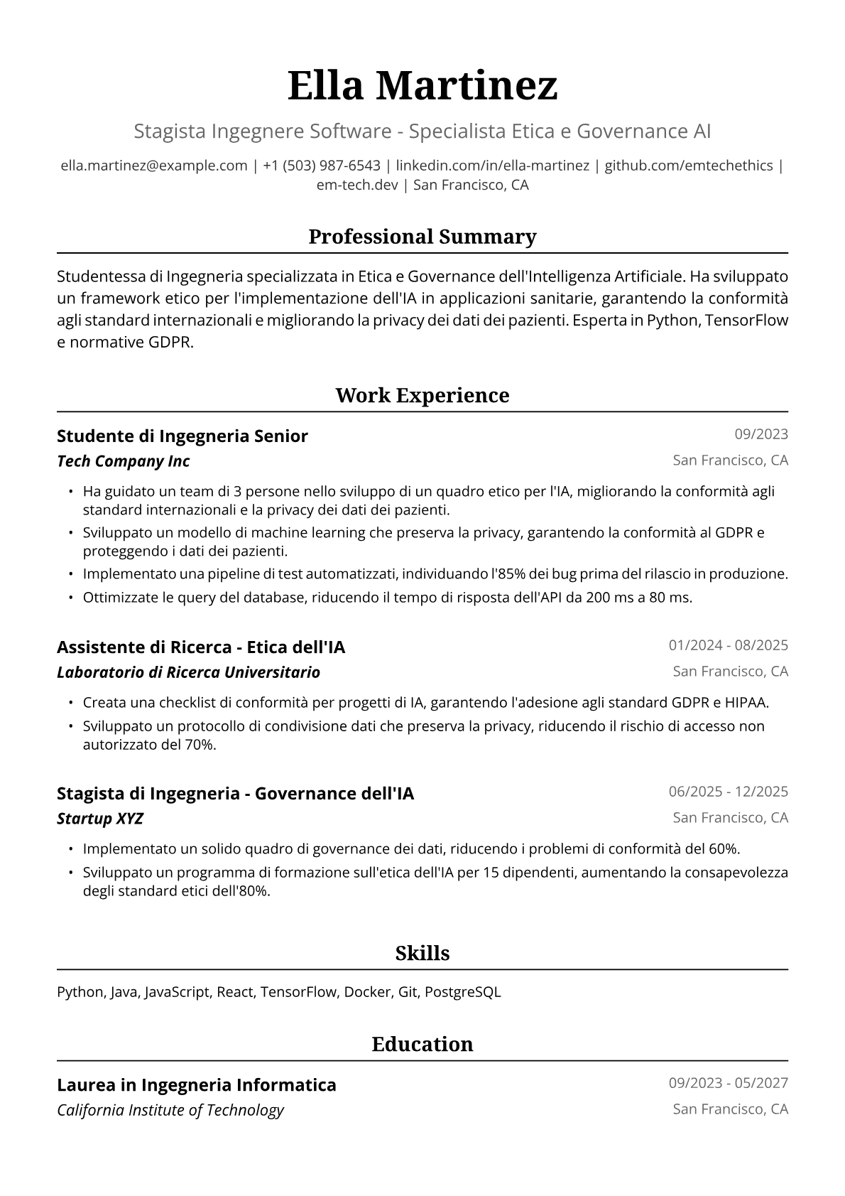 Esempio Curriculum Studente di Ingegneria