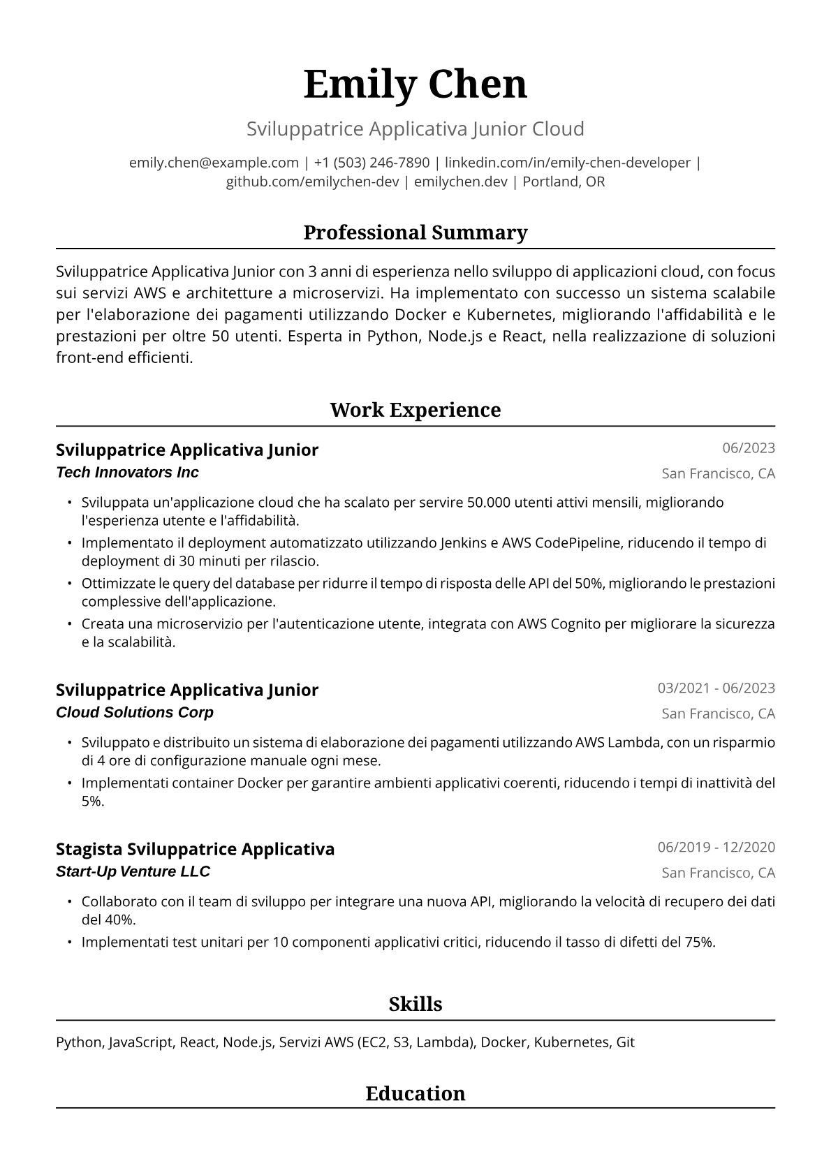 Esempio di Curriculum Vitae per Sviluppatrice Applicativa Junior