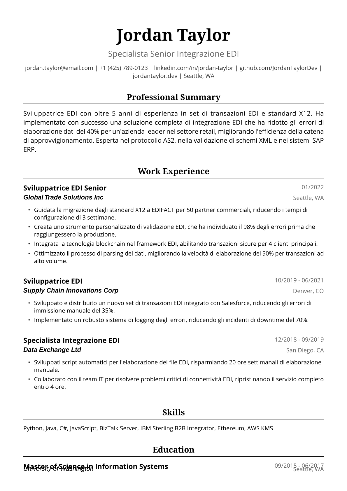 Esempio Curriculum Sviluppatrice EDI